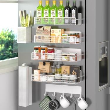 Imagem de Suporte magnético para temperos para geladeira, pacote com 7 prateleiras de ímã forte 100% metal, organizador de especiarias de cozinha com gancho, suporte de toalha de papel, organizador de