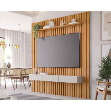 Imagem de Painel Quarto p/ TV até 65 Pol Maragogi Ripado c/ 1 Porta e 2 Gavetas 185x220cm Nature/Off White - Permóbili