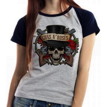 Imagem de Baby look blusa feminina ou Camiseta unissex Guns in Roses Caveira - E