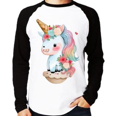 Imagem de Camiseta Raglan Unicórnio Bebê Manga Longa - Foca na Moda, Branco, Pre