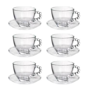 Imagem de Jogo de xícaras de chá de vidro com pires 180ml 12 peças - QUERO PRESE