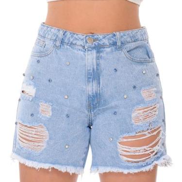 Imagem de Short Jeans Meia Coxa Feminino Cintura Alta Bermuda Com Strass - Narak