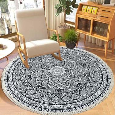 Imagem de Lacomfy Tapete floral Boho 1,2 m redondo antiderrapante para quarto tapete de casa de fazenda, tapete mandala para sala de estar, vestiário, lavável, borla, tapetes de ioga, capacho de entrada, 120 cm
