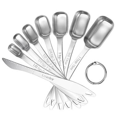 Imagem de U-Taste Colheres medidoras quadradas estreitas: colher de chá de aço inoxidável 18/8 com nivelador, colher de sopa de metal retangular de polígono para assar, cozinhar, café, tempero, pó (conjunto de