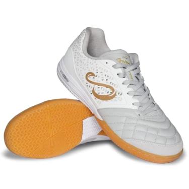 Imagem de SENDA Ushuaia Pro 2.0 Tênis de futebol, quadra e futsal, unissex, Branco/cinza/dourado, 10 Women/9 Men