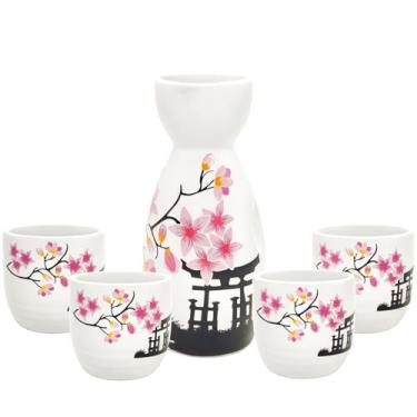 Imagem de Old Craftsmen's Conjunto de 5 peças de saquê japonês com garrafa de saquê de 200 ml e copo de saquê de 50 ml, design tradicional pintado à mão, porcelana cerâmica, copos de soju (Sakura)