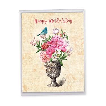 Imagem de J6585HMDG Cartão jumbo do Dia das Mães: URNAS EM BLOOMING - com lindas flores em aquarela e pássaros combinados com desenho de linha preta e branca de um vaso, com envelope (versão extra grande: