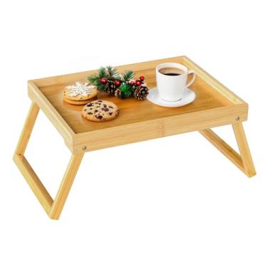 Imagem de Bandeja de cama de bambu para café da manhã com perna dobrável, bandejas de café da manhã para comer, cama, sofá, cama, lanches ou trabalho, bandeja de lanche para laptop (bege)