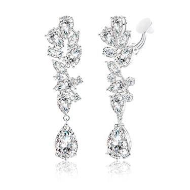 Imagem de Roslynd Brincos de pressão para mulheres/meninas/noivas, presentes para o dia das mães, brincos de clipe de zircônia cúbica em gota e brincos de zircônia cúbica banhados a ouro branco 14 k para mulheres, Branco - latão, zircônia cúbica, zircônia cúbica, Pedras de zircônia cúbica
