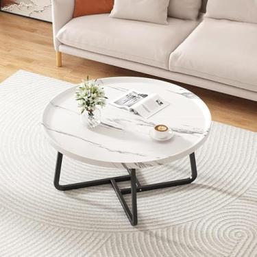 Imagem de Mesa de centro industrial redonda - Mesas de centro para sala de estar moderna mesa de chá, mesa central para sala de estar, mesas de jantar para espaços pequenos, branca, 60 x 60 x 40 cm