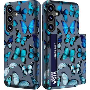 Imagem de IWONE Capa para celular compatível com Samsung Galaxy S24 FE fofa com porta-cartões/S24FE Slim Slot Wallet Phone Cover para mulheres/borboletas azuis animais brilhantes lindo ornamento temático