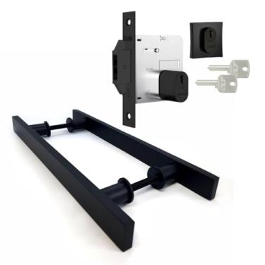 Imagem de Kit Puxador Preto Fosco Porta Madeira Correr 60cm Duplo Barra Chata + Fechadura Completa Porta Correr Stam Asa de Avião