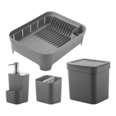 Imagem de Kit 4Pç Escorredor Louça/Talher, Lixeira Porta Detergente
