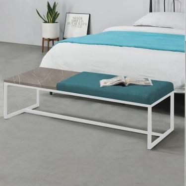 Imagem de Calçadeira Recamier Londres 160cm Industrial Branco Suede Azul Turquesa Tampo Quadrado mdf Marmorizado - Ahz Móveis