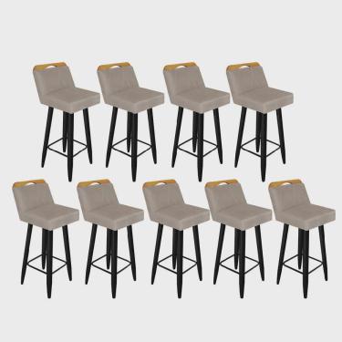 Imagem de Kit 09 Banqueta Alta c/ Encosto Lith Para Cozinha Bar Balcão Bistrô Pé Palito Preto Suede Bege - Ahz Móveis