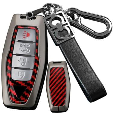 Imagem de SANRILY Capa de chave com padrão de fibra de carbono de 3/4 botões adequada para Mitsubishi 2024 Outlander 2021-2023 Keyless Key Shell com chaveiro de couro vermelho