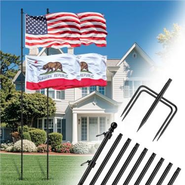 Imagem de ZMTECH Mastro de bandeira resistente de 3,5 m com base de 5 pontas no chão para quintal, aço inoxidável giratório sem emaranhados, mastros de bandeira à prova de vento para 2 bandeiras | Residencial