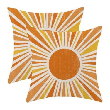 Imagem de Capas de almofada de verão 45,7 x 45,7 cm, conjunto de 2 almofadas amarelas, laranja queimado, sol, decoração ao ar livre, boêmio, sol, fronhas, fronhas de linho para cama, sofá, sofá