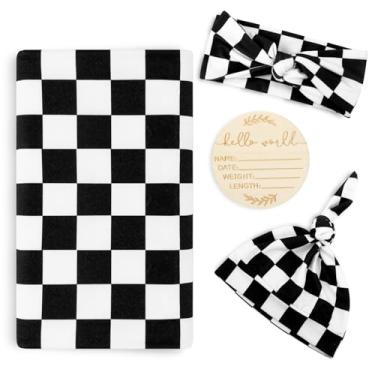 Imagem de TANOFAR Pacote com 4 cobertores para recém-nascidos para bebês meninas e meninos, cobertores ultramacios com faixa de cabeça e gorro combinando, envoltório para berçário (preto)