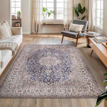 Imagem de Bloom Rugs Tapete lavável antiderrapante 1,8 m x 1,8 m - Tapete de área medalhão tradicional azul escuro/bege para sala de estar, quarto, sala de jantar e cozinha - Tamanho exato: 1,5 m x 2,8 m