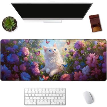 Imagem de Kibue Mouse pad para jogos gato mesa estendida teclado computador laptop mouse pads para jogos casa escritório trabalho, grande tapete de mesa longo mousepad com base de borracha antiderrapante 31,5 ×