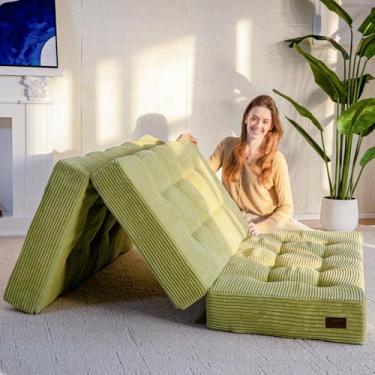 Imagem de MAXYOYO Colchão Triplo, Cama De Espuma Futon Dobrável Tufada De 6 Polegadas, Colchão De Chão Dobrável, Cama De Hóspedes, Topper Futon, Cama De Acampamento Portátil Com Tecido Com Cordão, Verde, 59"