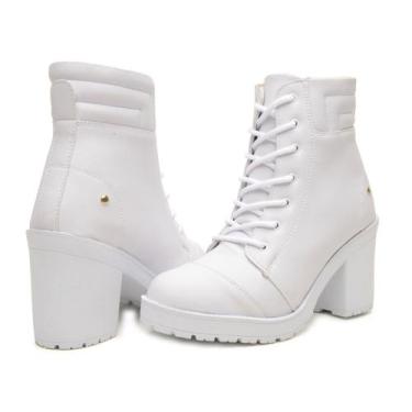 Imagem de Bota Coturno Feminino Salto Médio Tratorado 8cm Confortável Branca, 36