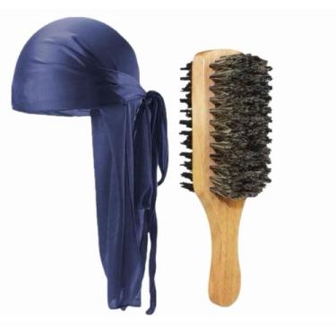 Imagem de Kit Durag Waves + Escova Dupla Cerdas De Javali - Barbershopp62, Azul