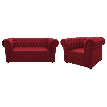 Imagem de Kit Poltrona e Namoradeira Chesterfield Ana Suede Vermelho