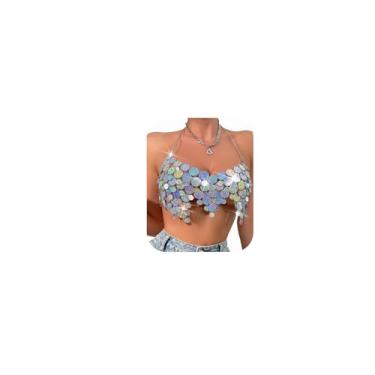 Imagem de Regata de verão com lantejoulas redondas e costas nuas, joias, biquíni, borla, roupa íntima, corrente, festival, rave, sutiã de festa, corrente corporal, joia para mulheres, Medium, liga metálica, Sem