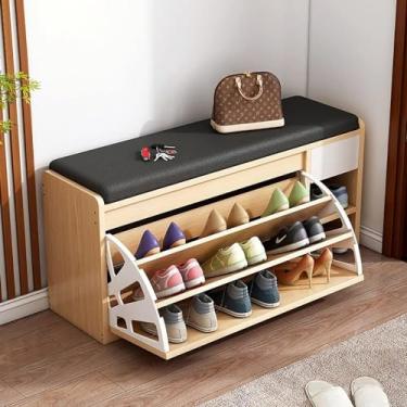 Imagem de Banco de Rack de sapato com assento de couro, banco de armazenamento de 2 camadas com compartimento de gaveta, organizador de calçados premium perfeito para o corredor de entrada do banheiro