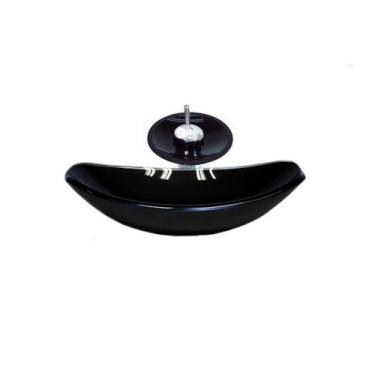 Imagem de Cuba de vidro oval chanfrada 46cm preta + valvula + torneira cascata -