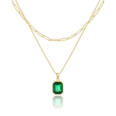 Imagem de Lourny Colar de cristal em camadas de ouro para mulheres, gargantilha banhada a ouro 18 K, verde esmeralda, corrente delicada, joia moderna para presentes femininos, One Size, Latão, Sem Pedra