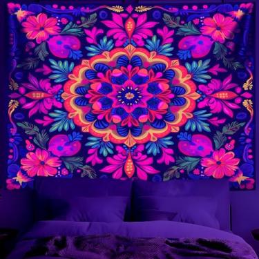 Imagem de BVBOX Tapeçaria de mandala de luz negra tapeçaria UV reativa riactivo arte de parede paisagem neon pôster de festa que brilha no escuro para quarto, sala de estar (tipo 6, 200.7 cm x 149.9 cm, sem