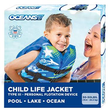 Imagem de New & Improved Oceans7 US Coast Guard Approved, Child Life Jacket, Flex-Form Chest, Open-Sided Design, Type III Vest, PFD, Personal Flotation Device, Blue/White