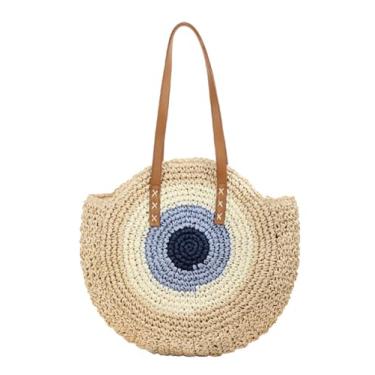 Imagem de SHAREYOIU Bolsa feminina redonda de palha, bolsa de ombro, bolsa de praia com alça superior, nº 3 bege grande