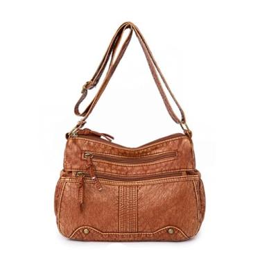 Imagem de SHAREYOIU Bolsa de ombro feminina de poliuretano retrô com vários bolsos, bolsa tiracolo estilo jeans, Laranja