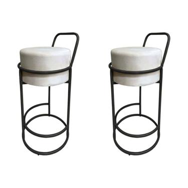 Imagem de Kit 2 Banquetas Alta Redonda Base Preta Veludo Bege