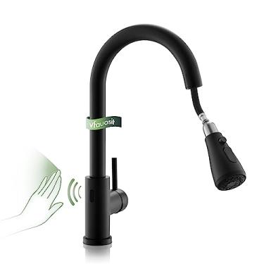 Imagem de Torneira de pia de cozinha sem toque, torneira de cozinha VFAUOSIT preta com pulverizador de puxar para baixo sensor de movimento de aço inoxidável inteligente mãos livres, torneira de furo único preto fosco para bar lavanderia RV pia utilitária