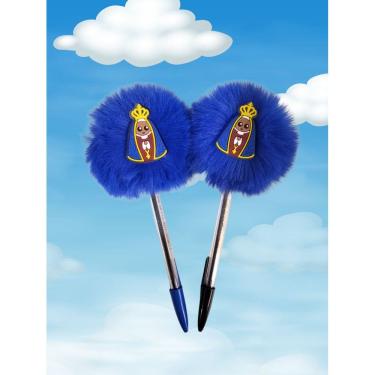 Imagem de 02 Canetas Nossa Senhora Aparecida esferográficas pompom Kit religioso Nossa Senhora Aparecida 2 peças material escolar 