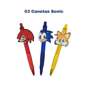 Imagem de Canetas Sonic 03 peças esferigraficas Lembrancinha de aniversário 12 peças Knuckles Taies Chaveiros para revenda papelar