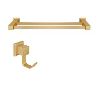 Imagem de Kit com Porta Toalha de Banho Duplo 62cm e 01 Cabide Ouro Fosco Ducon Metais Ouro Fosco