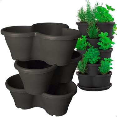 Imagem de Kit 3 Vaso Treviso Preto Empilhável Jardim Vertical 11L Borda Anti Formiga para Plantas Ornamentais, Hortas, Frutas, Temperos, Suculentas e Flores