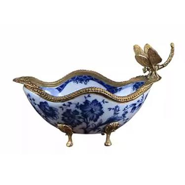 Imagem de Prato de frutas de cerâmica retrô, tigela de armazenamento floral pintada à mão criativa, fruteira decorativa para bancadas de cozinha, mesa de jantar