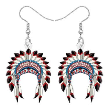 Imagem de DALANE Brincos pendentes de acrílico divertidos nativos americanos para mulheres, estilo tribal tradicional, joia com estampa de penas, Medium, Acrílico Aço inoxidável, Sem pedra preciosa