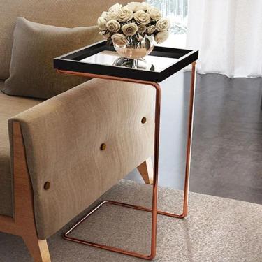 Imagem de Mesa De Apoio Para Sofa Bandeja Espelhada Laca Preta Base Bronze Preto