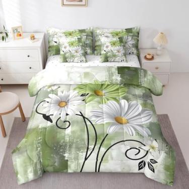 Imagem de Jogo de cama de casal com estampa floral de fazenda, 7 peças, para crianças, meninos, meninas, decoração de quarto abstrato, margarida verde rústica em um saco, solteiro, de madeira, estilo fazenda