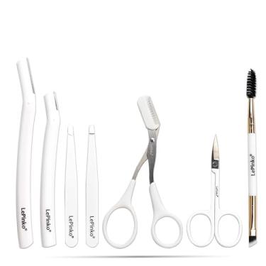 Imagem de Kit de aparador de sobrancelhas, tesoura 7 em 1, pinça, navalha, escova de tesoura de ilhós para mulheres e homens, presentes para meias - branco