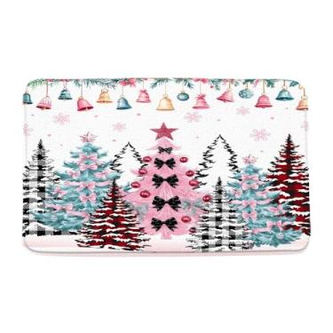 Imagem de VPUPCN Merry Christmas Tapete de banho rústico rosa verde Natal pinheiro floresta arco floco de neve férias de inverno Ano Novo microfibra espuma memória tapete de banheiro capacho cozinha vaso