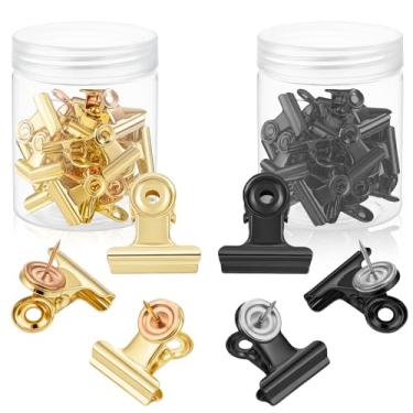 Imagem de Ptwola 60 peças de grampos dourados de metal tachas de polegar buldogue dobradiça fichário papel suporte de pino de boletim acessórios de quadro de cortiça para artesanato, fotos, documentos, mapas